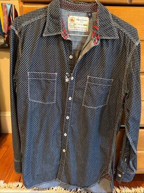 Robert Graham Navy Polka Dot Button-Down Shirt with Red Trim